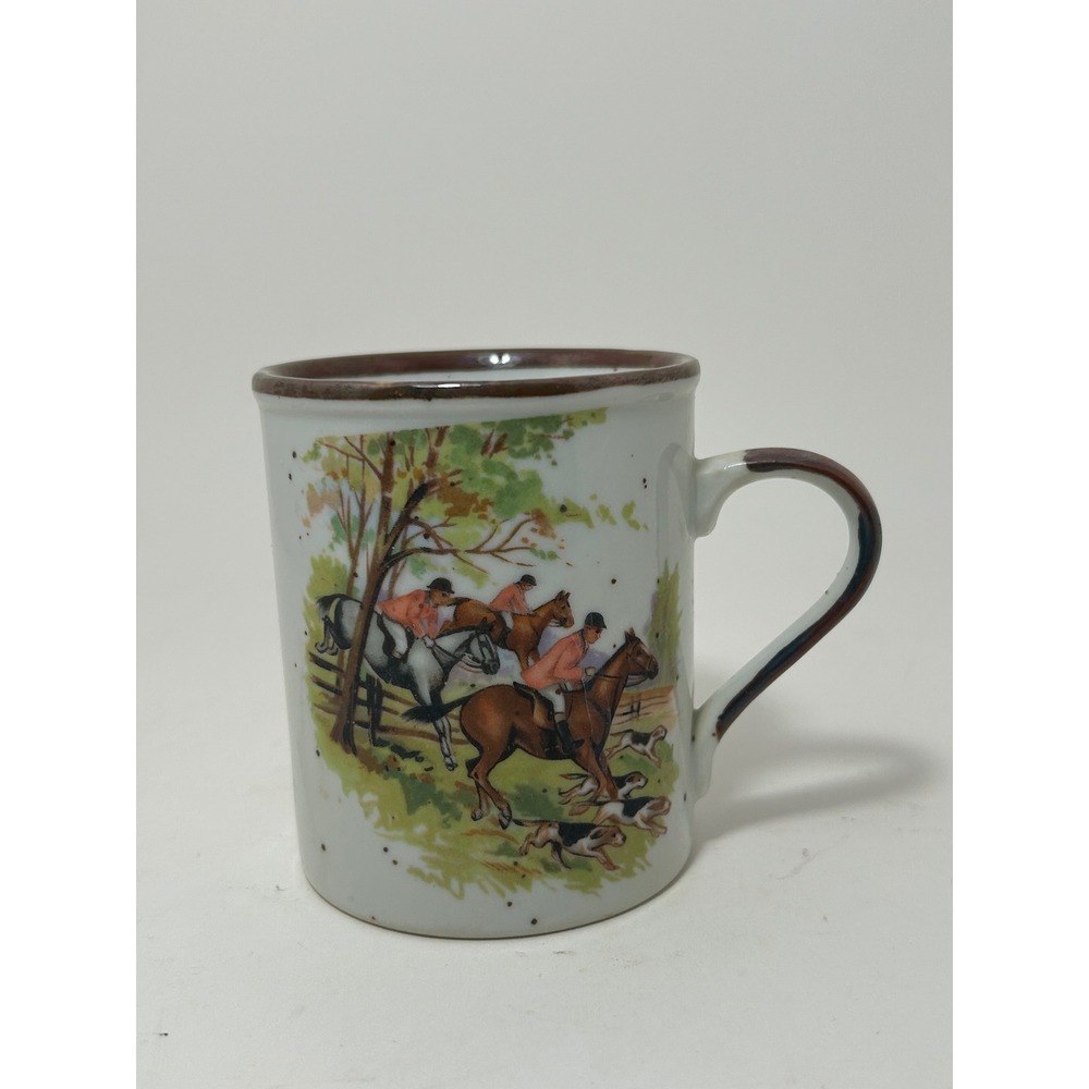 Vintage Japan Ceramic Fox Hunt Mug Equestrian Horse Hounds Speckled Stoneware